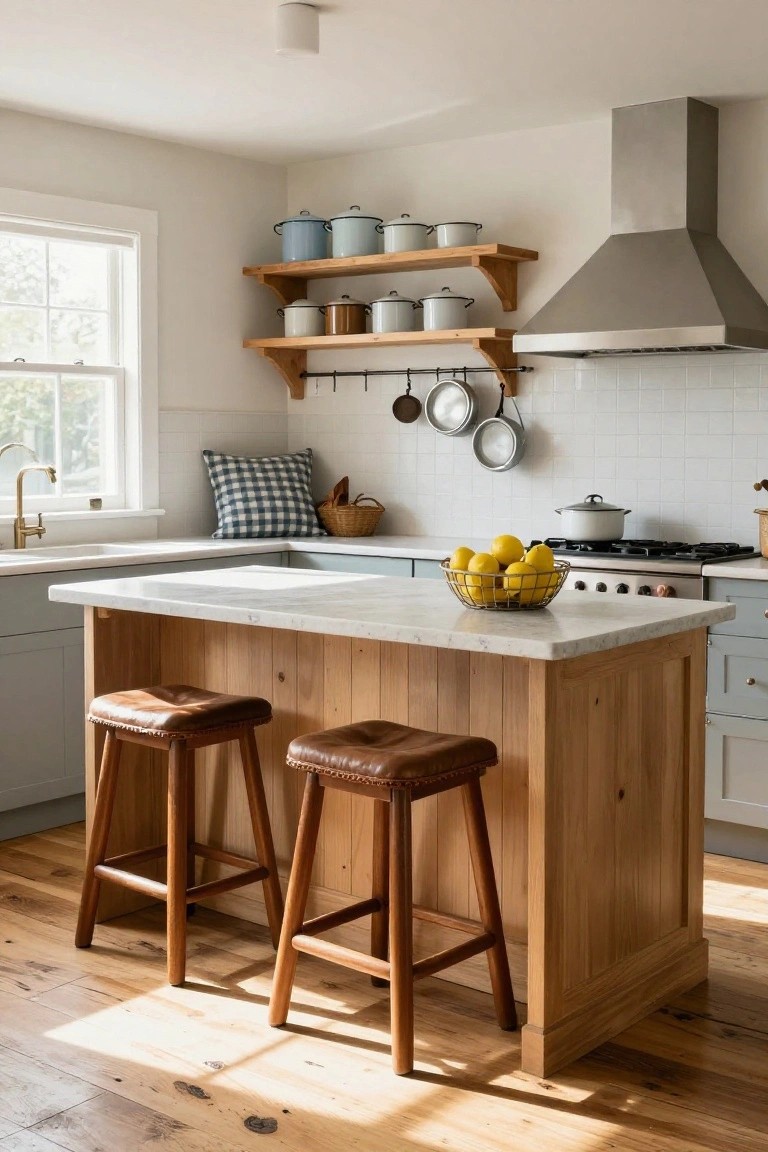 Bright kitchen with white marble-topped island on wooden base, two wooden bar stools with brown leather seats, light blue cabinets, stainless steel range and hood, wooden shelves holding enamel pots, and lemons in a basket on the island.