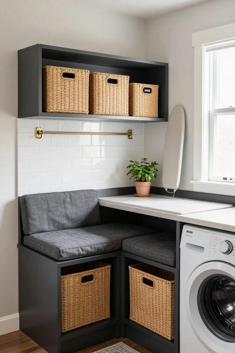 Laundry room with built-in gray bench seating and storage cubbies holding wicker baskets, white subway tile backsplash, gold towel bar with hanging ironing board, potted plant on counter, and white washer beside wooden floor.