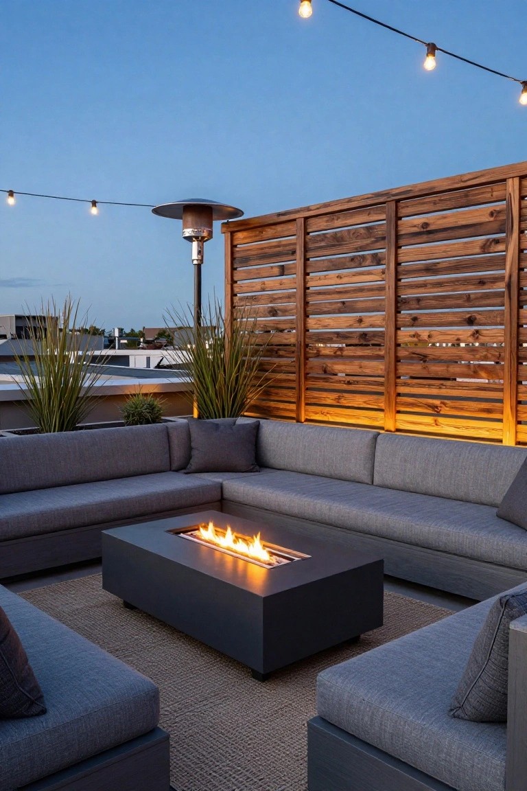 Rooftop terrace with gray L-shaped modular sofa surrounding a black rectangular gas fire table with orange flames lit, wooden slat privacy screen, potted grasses and agave plants, patio heater, and string lights overhead at dusk.