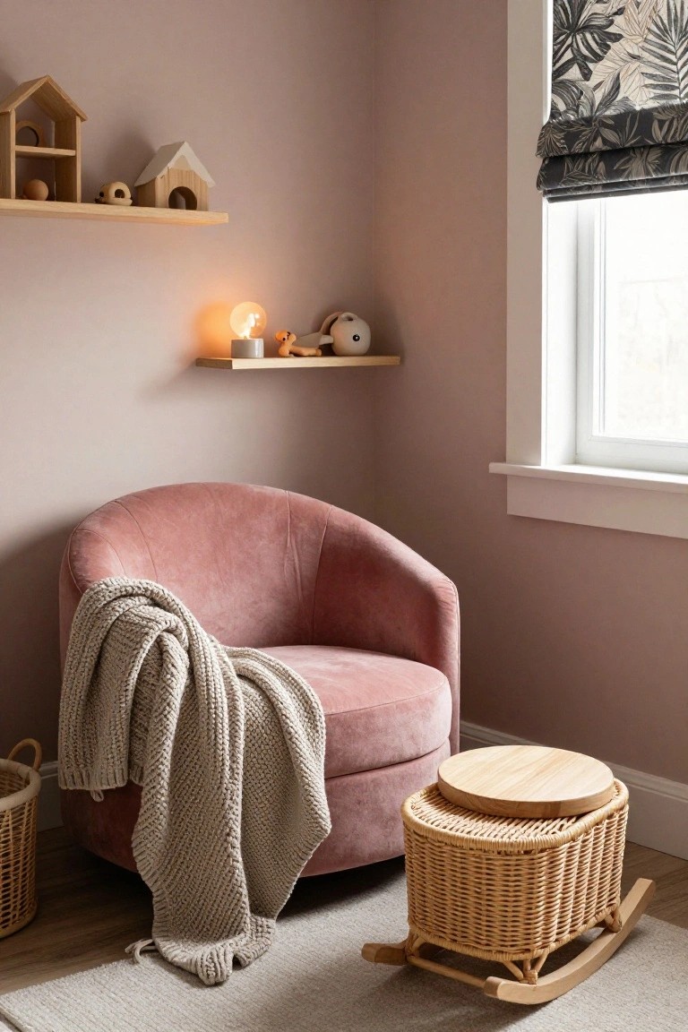 Corner of a blush pink nursery with a pink velvet curved armchair draped in a gray knit throw, wooden shelves holding wooden toys, a glowing lamp, and a wicker storage stool on rockers next to a window with patterned roman shades.