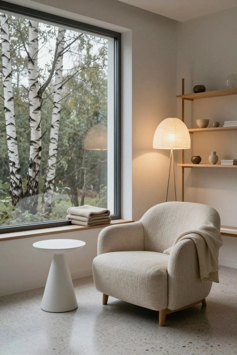 Beige curved armchair with cream throw beside white conical side table next to floor-to-ceiling window showing birch trees, paper floor lamp and wooden shelves on light gray wall with terrazzo floor.
