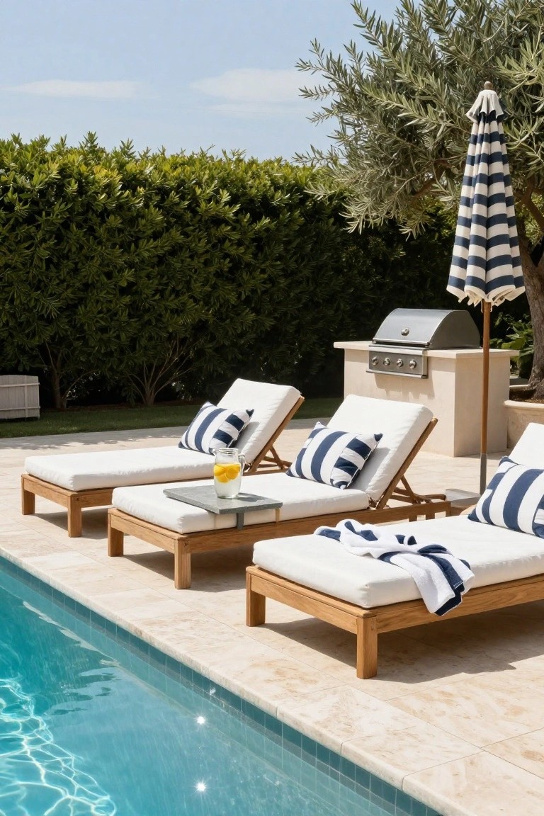 Three teak lounge chairs with white cushions, navy striped pillows, and towels arranged poolside next to a stone barbecue, striped umbrella, hedges, and swimming pool.