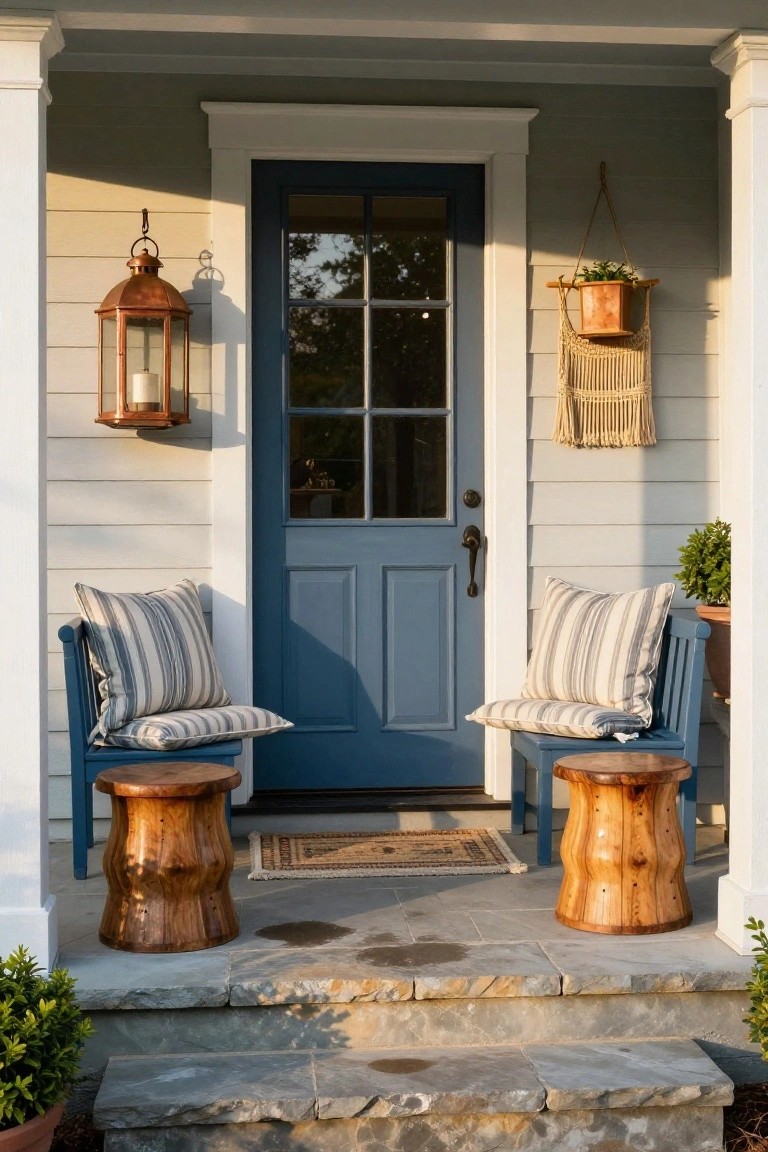 Front porch of a light gray shingle house with navy blue six-panel door, two navy blue wooden armchairs with beige striped cushions and wooden stools in front of them, copper lantern light, hanging plant basket, potted plants, and stone steps.