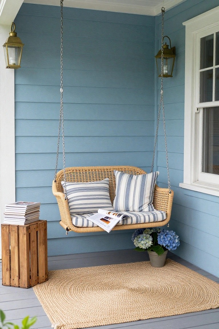 Rattan hanging swing on a blue-shingled porch with blue-and-white striped cushions, open magazine on seat, stack of magazines on wooden crate side table, potted blue hydrangeas, seagrass rug on gray decking, and brass lanterns on walls.