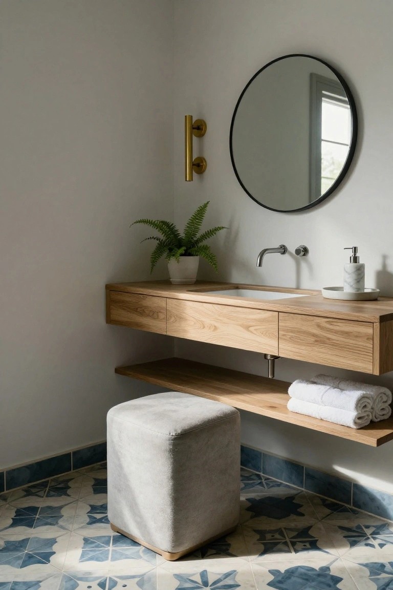 Corner of a light bathroom with floating oak vanity, round black mirror, wall sconces, fern plant, wall faucet, sink, marble dispenser, towels on shelf, gray pouf stool, and blue star-patterned floor tiles.
