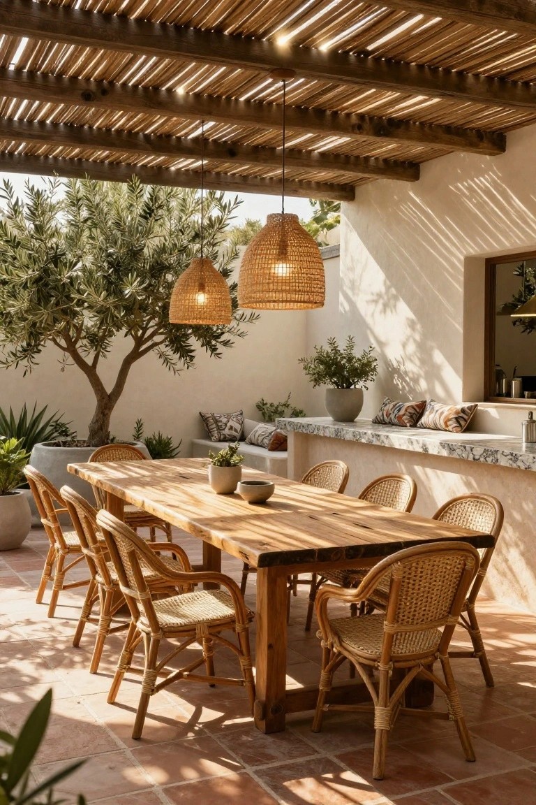 Outdoor covered patio featuring a long rectangular wooden dining table with eight rattan armchairs, hanging woven pendant lights, an olive tree, potted plants, and a bar counter against white walls on terracotta tiles.