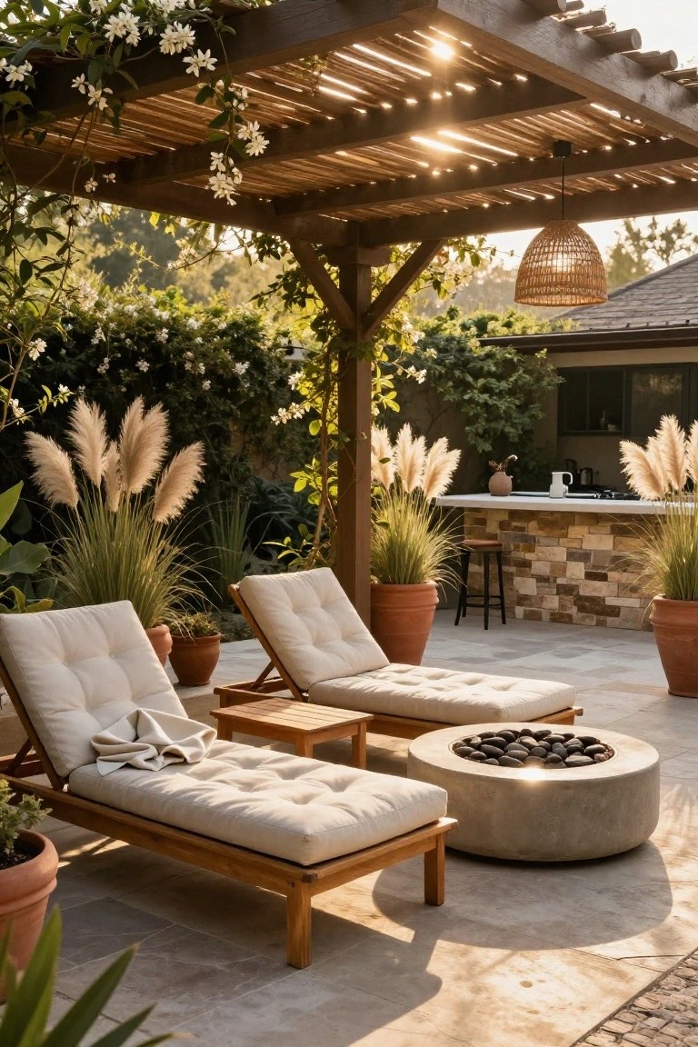 Outdoor patio under a wooden pergola with two beige cushioned chaise lounges facing a central round concrete fire pit filled with black rocks, surrounded by potted plants, pampas grass, and a nearby stone bar with stools.