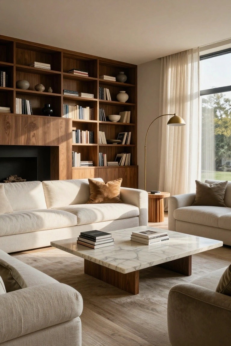 Modern living room with cream fabric sofas and armchairs around a white marble coffee table on wood floors, backed by tall wooden bookshelves with integrated fireplace and large window with sheer curtains.