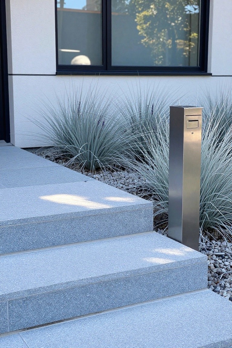 Modern house exterior with gray granite steps up to a dark door, flanked by a tall brushed stainless steel mailbox post in a gravel bed with blue ornamental grasses.