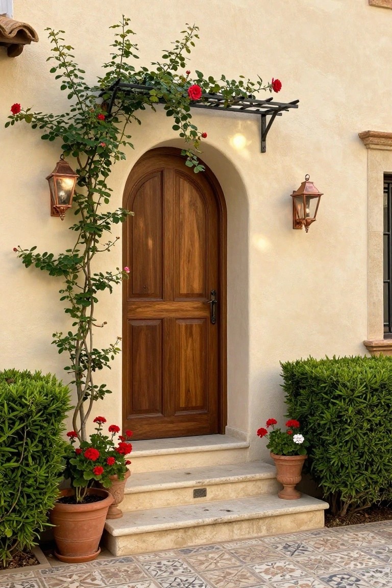 Arched wooden double door in beige stucco wall framed by climbing red roses on black metal trellis with copper lanterns, boxwood shrubs, and potted geraniums on stone steps leading to tiled patio.