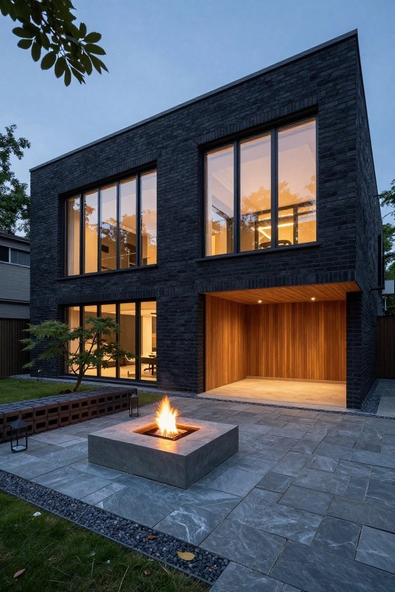Modern two-story black brick house at dusk with large vertical windows, recessed wooden garage, potted Japanese maple tree, concrete fire pit, and gray paver patio in the front yard.