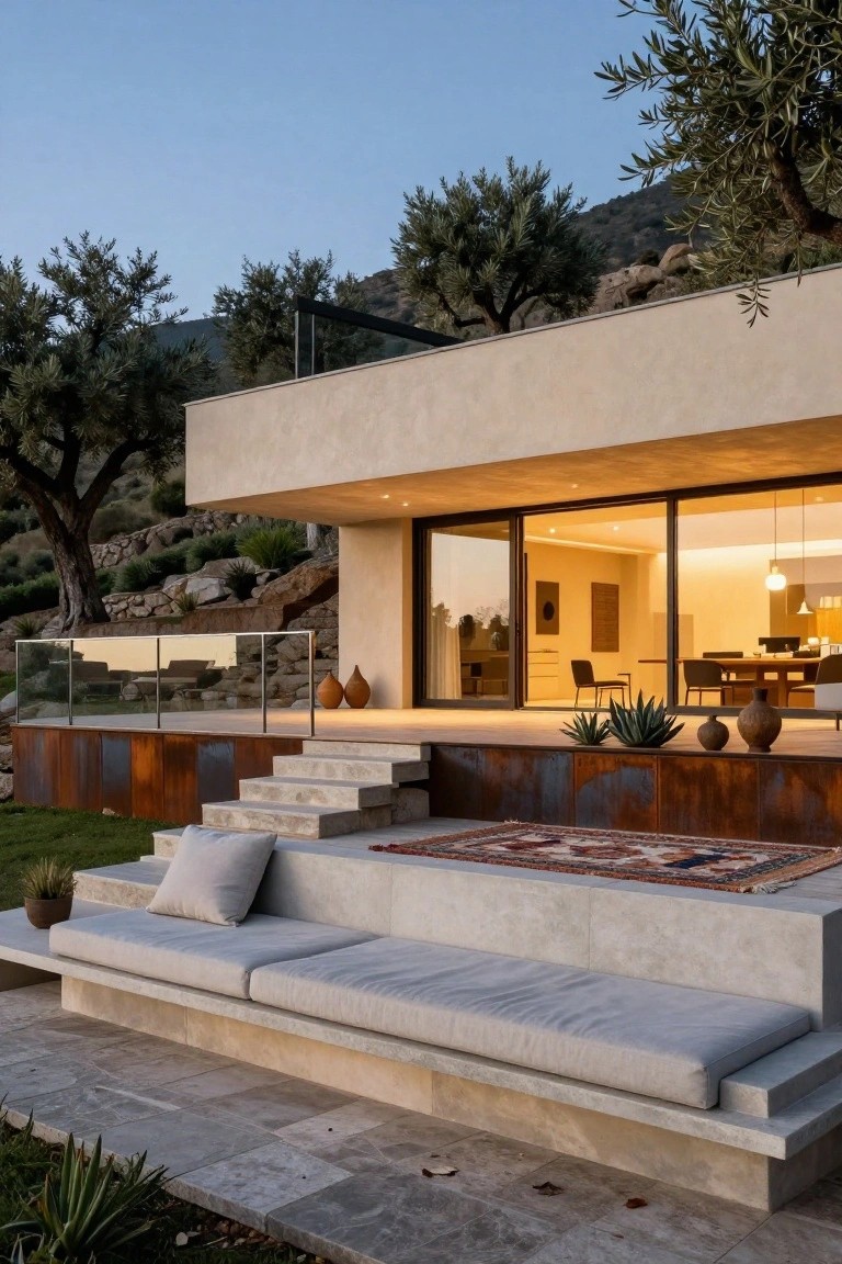 Beige stucco modern house exterior on hillside terrace with built-in low stone benches, white cushions, colorful rug, potted plants and agaves, rusted metal steps leading to glass doors revealing interior dining area, olive trees in background.