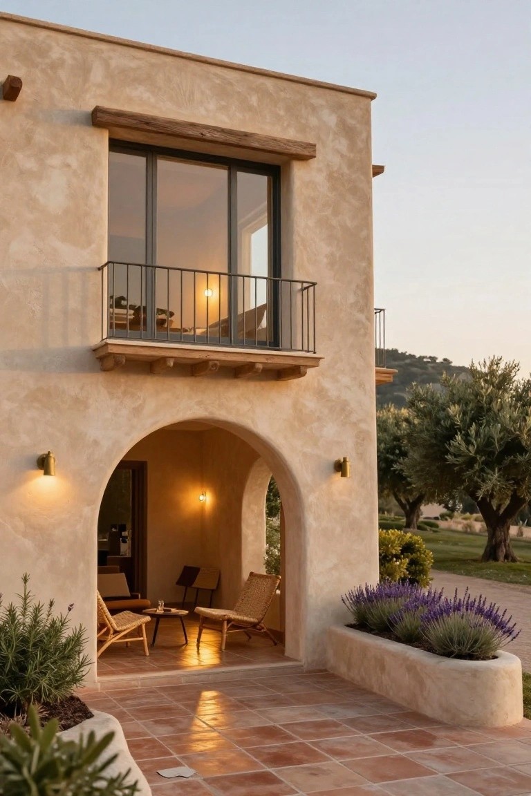 Beige stucco house exterior with a large arched opening revealing a covered porch area containing wicker chairs, a small table, and potted plants on terracotta tile flooring, surrounded by lavender bushes and olive trees.