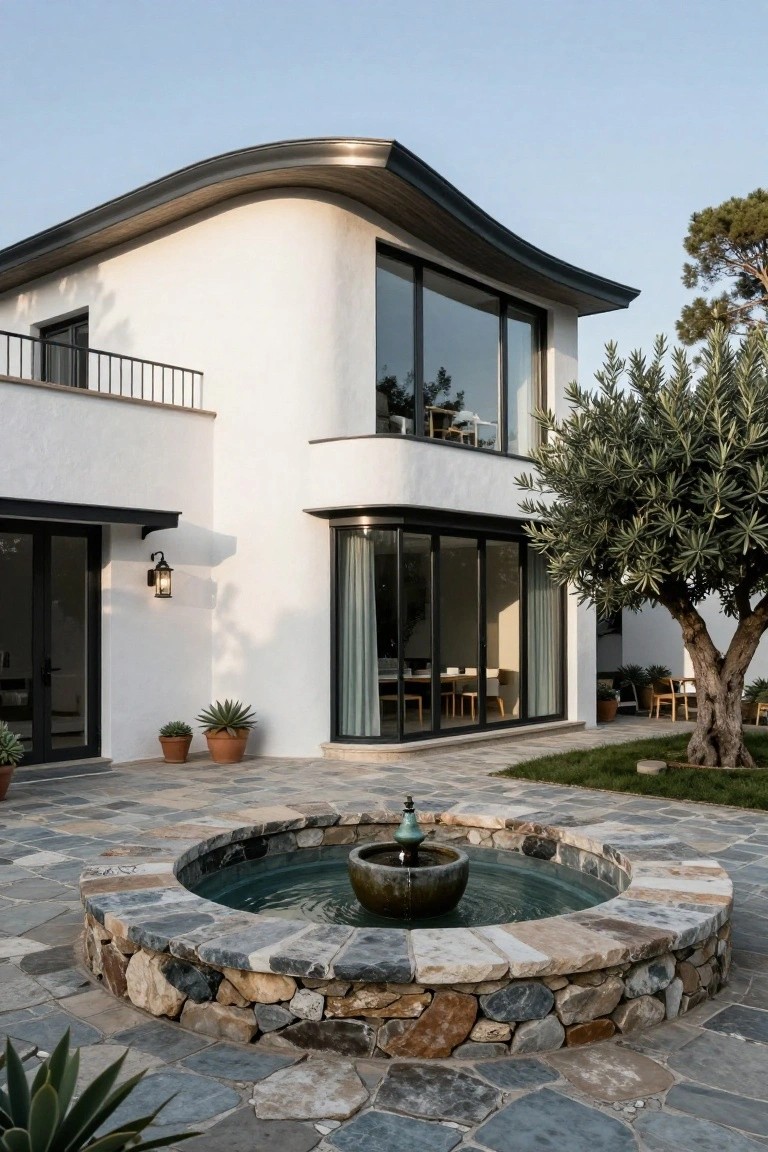 White modern villa with curved black roofline, large black-framed glass windows and doors, stone fountain in circular paved courtyard, olive tree, agave plants in terracotta pots, and surrounding stone pavers.