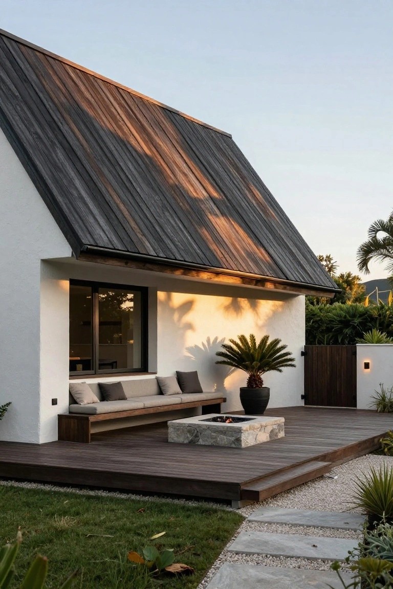 White modern house with dark sloped roof and large window, connected to a wooden deck featuring a built-in bench with cushions, central stone fire pit, potted palm, and gravel path in lush garden setting.