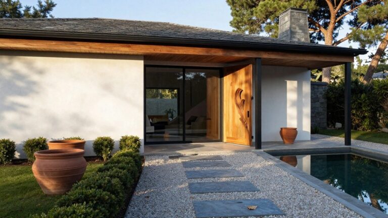 Modern white stucco house exterior with a large vertical-grain wooden front door under a black metal awning, black-framed windows on either side, potted plants, gravel ground cover, irregular stone stepping path, and edge of a pool in foreground.
