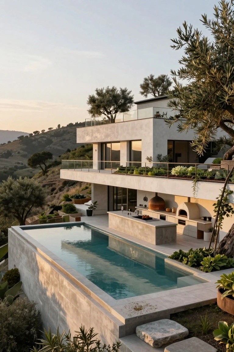 Modern concrete villa on a hillside featuring an infinity-edge pool, outdoor kitchen with wood-fired oven, balcony, olive trees, and views over terraced hills at sunset.