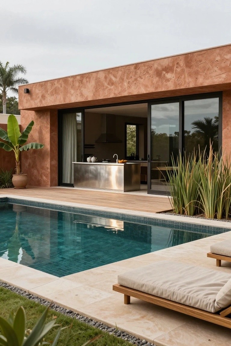 Modern terracotta exterior wall with open sliding glass doors revealing a stainless steel kitchen island, adjacent to a turquoise-tiled pool on a wooden deck with beige loungers, banana plant, grasses, and pebble edging.