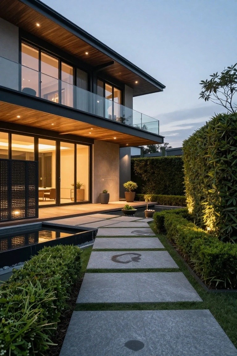 Evening view of a modern house exterior featuring a wooden cantilevered balcony, glass sliding doors on a deck, small rectangular water feature, and a gray stone pathway with embedded dark designs lined by trimmed boxwood hedges.