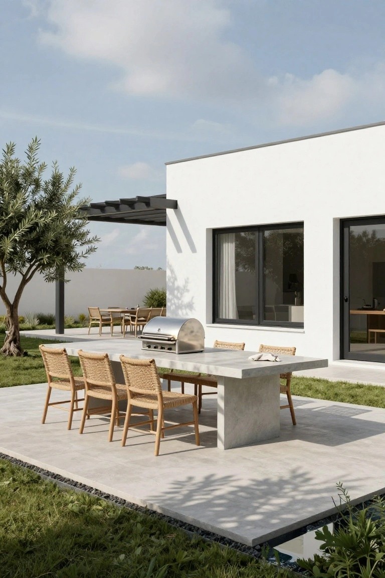 Outdoor terrace with rectangular concrete dining table surrounded by rattan chairs, stainless steel barbecue grill adjacent, next to white modern house wall with large black-framed windows and door, grass lawn, olive tree, and gravel edging.