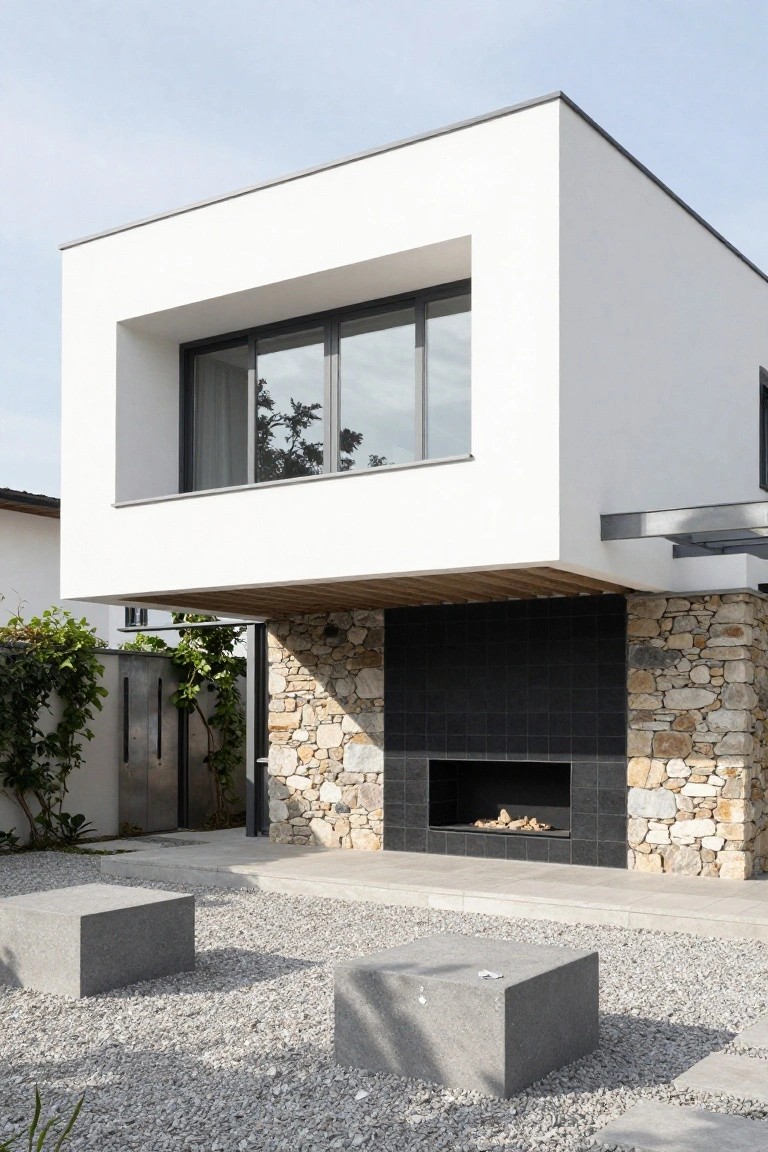 White modern house with protruding window box and cantilevered upper level over stone wall with black fireplace, gravel yard, concrete benches, and metal gate.