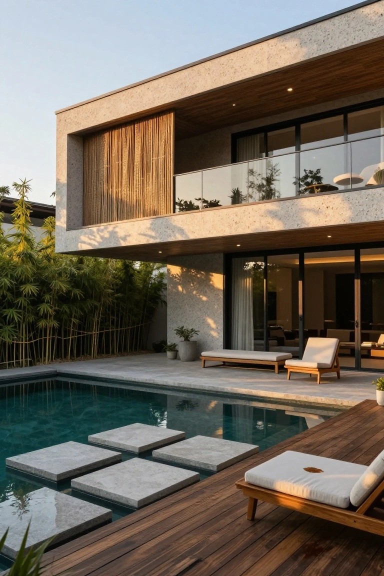 Modern house exterior with beige stucco walls, bamboo screening on upper balcony, large rectangular pool with grey stone slabs stepping into the water, wooden deck with white lounger chair, and tall bamboo plants nearby.