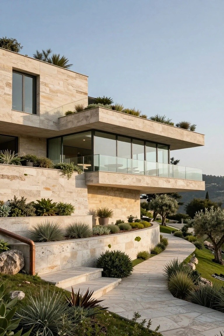 Terraced Stone Facades on Slopes