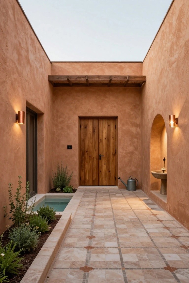 Walled courtyard with ochre plaster walls, wooden double doors at the end of a tiled pathway, narrow turquoise plunge pool edged with plants on one side, arched niche with stone fountain, copper wall lights, and potted greenery.