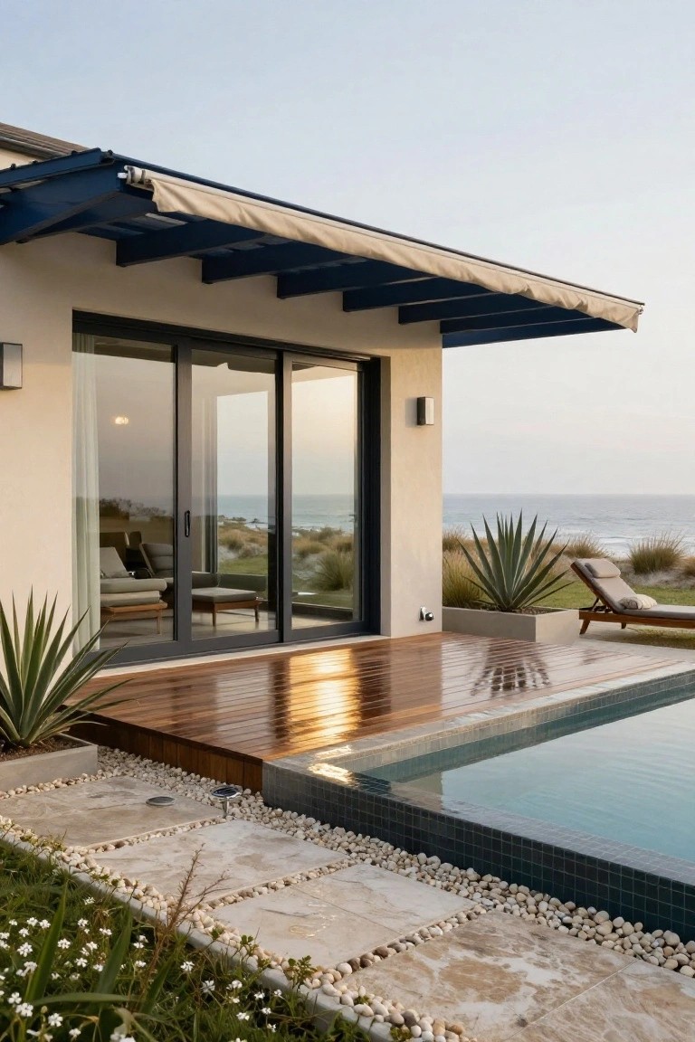 White modern house exterior with large sliding glass doors opening onto a raised wooden deck adjacent to a rectangular pool with dark tiled edges, flanked by agave plants in concrete planters, pebble path, and distant ocean view.
