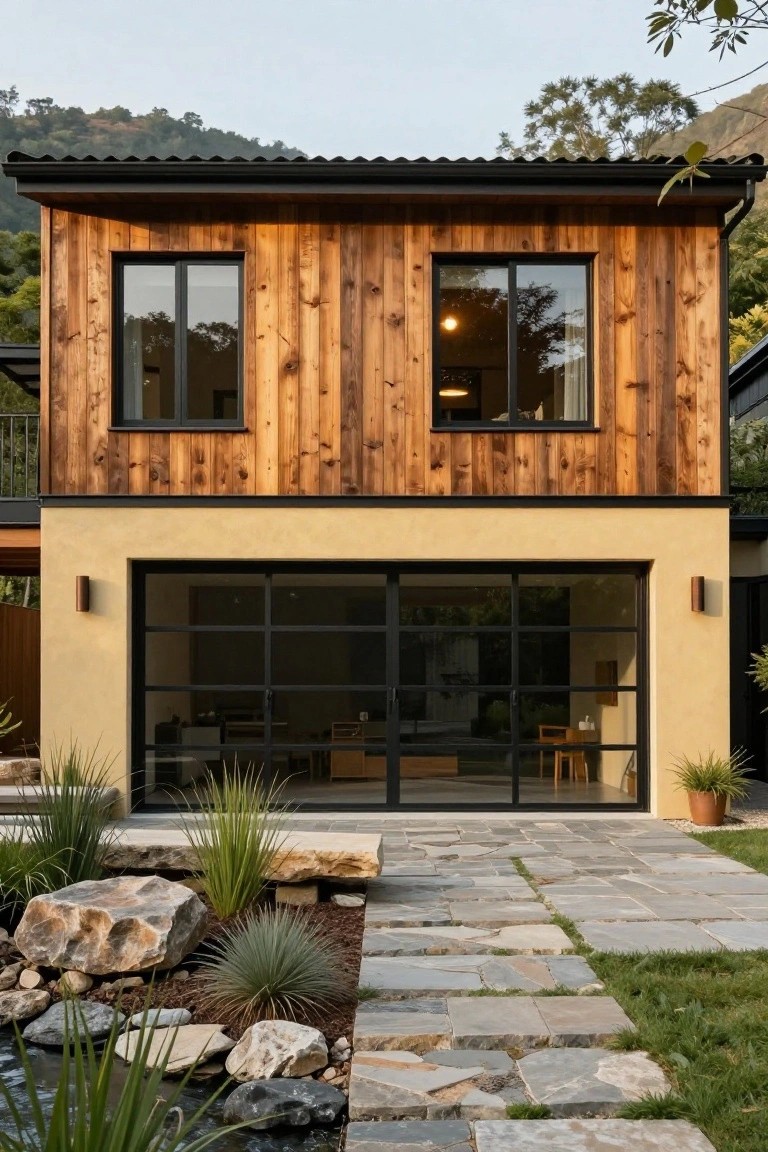Two-story modern house exterior featuring vertical golden-toned wood cladding on the upper facade, beige stucco base with black-framed glass garage door, stone slab pathway, and front rock garden with agave plants and water feature.