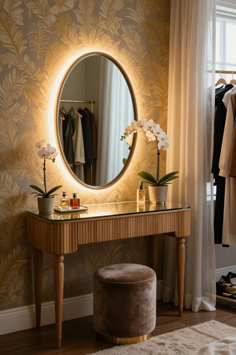 Oval mirror with warm LED backlighting mounted above a fluted wooden vanity table with glass top, displaying perfume bottles and potted orchids, purple velvet pouf stool nearby, against palm leaf patterned wallpaper and clothing rail in a bedroom.