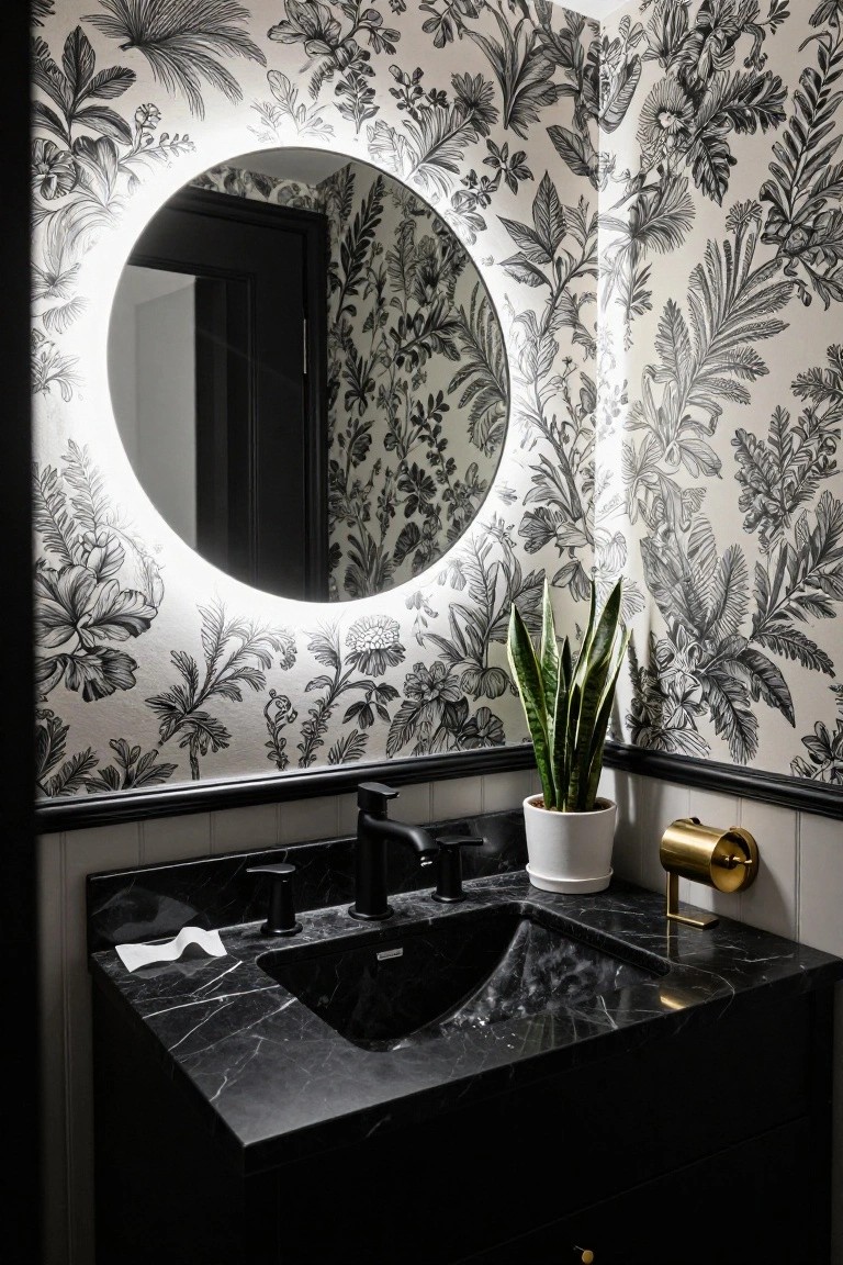 Modern black bathroom with marble sink, round backlit mirror, and patterned wallpaper.