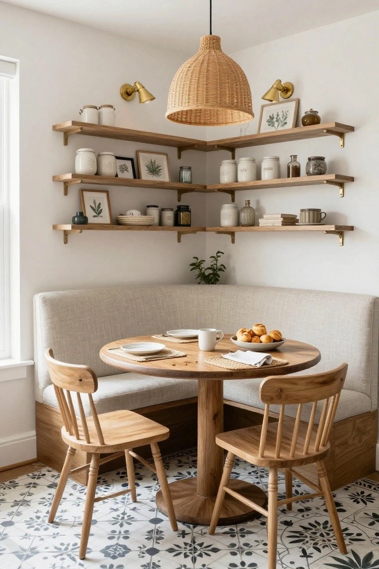 A cozy corner breakfast nook inside a home with a beige fabric banquette, round wooden table set with plates and oranges, two wooden chairs, open wooden shelves displaying pottery and plants, a woven pendant light, and patterned tile floor.