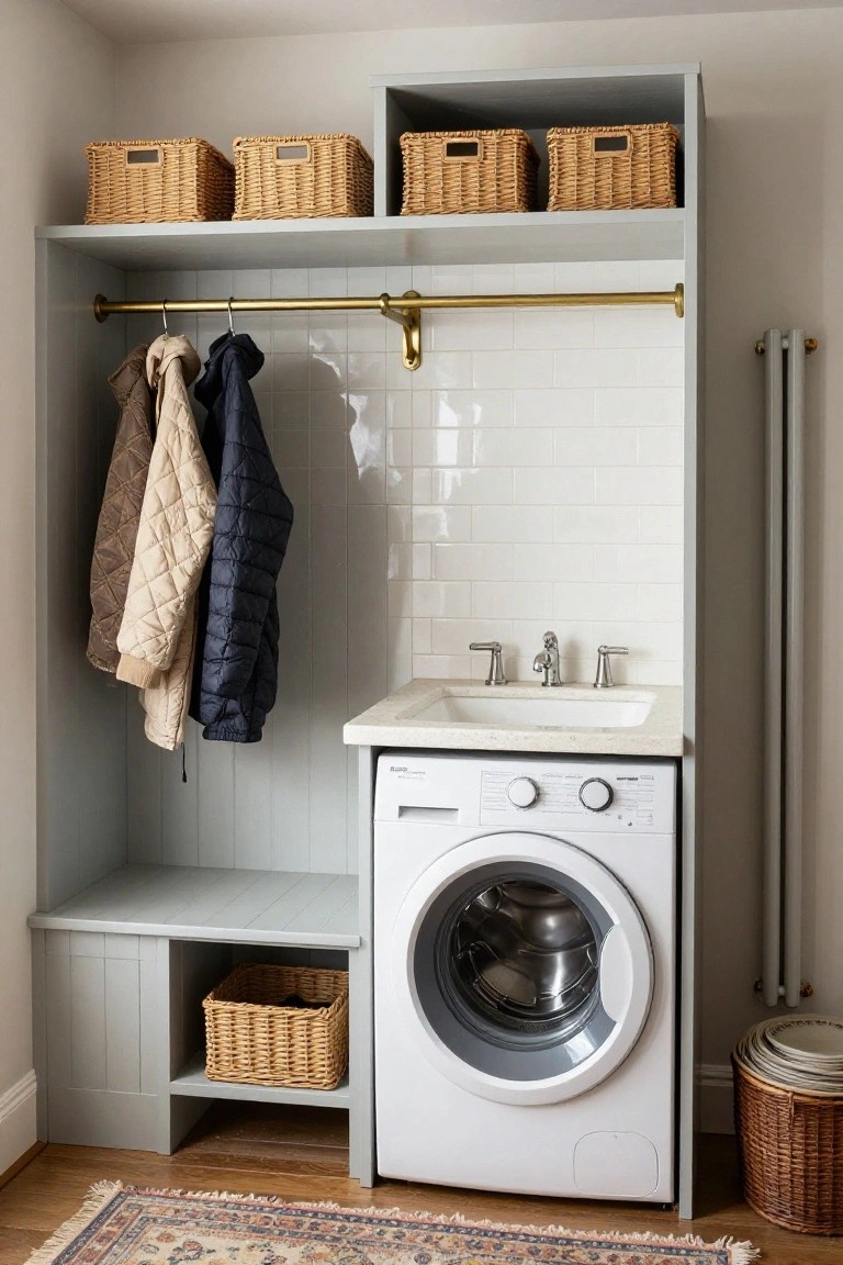 Gray painted built-in cabinet unit in a utility room corner with brass hanging rod holding coats, wicker baskets on shelves, white subway tile sink, and front-loading white washer machine.