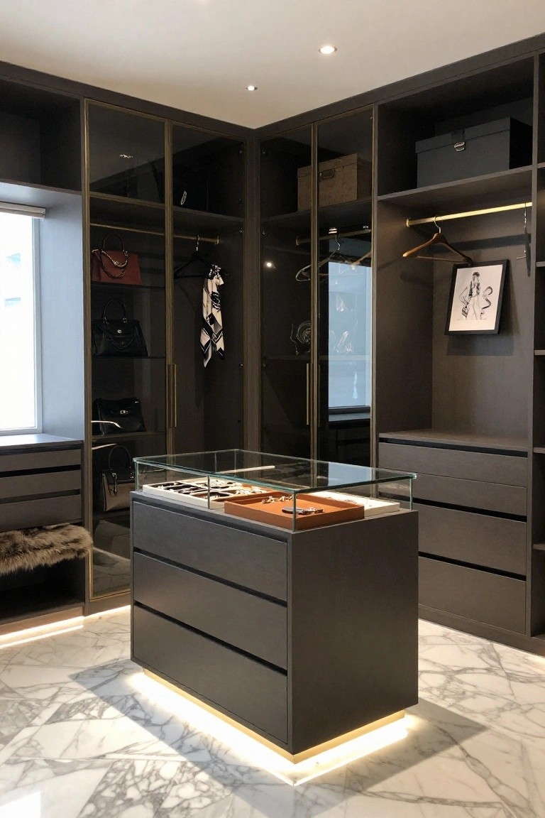 A luxury walk-in closet with dark wood cabinets, glass-fronted doors displaying bags and clothes, a central freestanding dark wood island with glass-topped jewelry display and drawers, a fur stool, and white marble flooring.