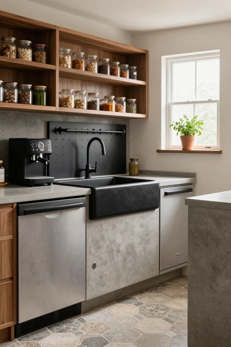 Kitchen interior with open wood shelving holding glass jars of nuts and grains, black espresso machine on concrete countertop, black farmhouse sink, stainless steel dishwasher, gray concrete lower cabinets, and hexagonal tile floor.