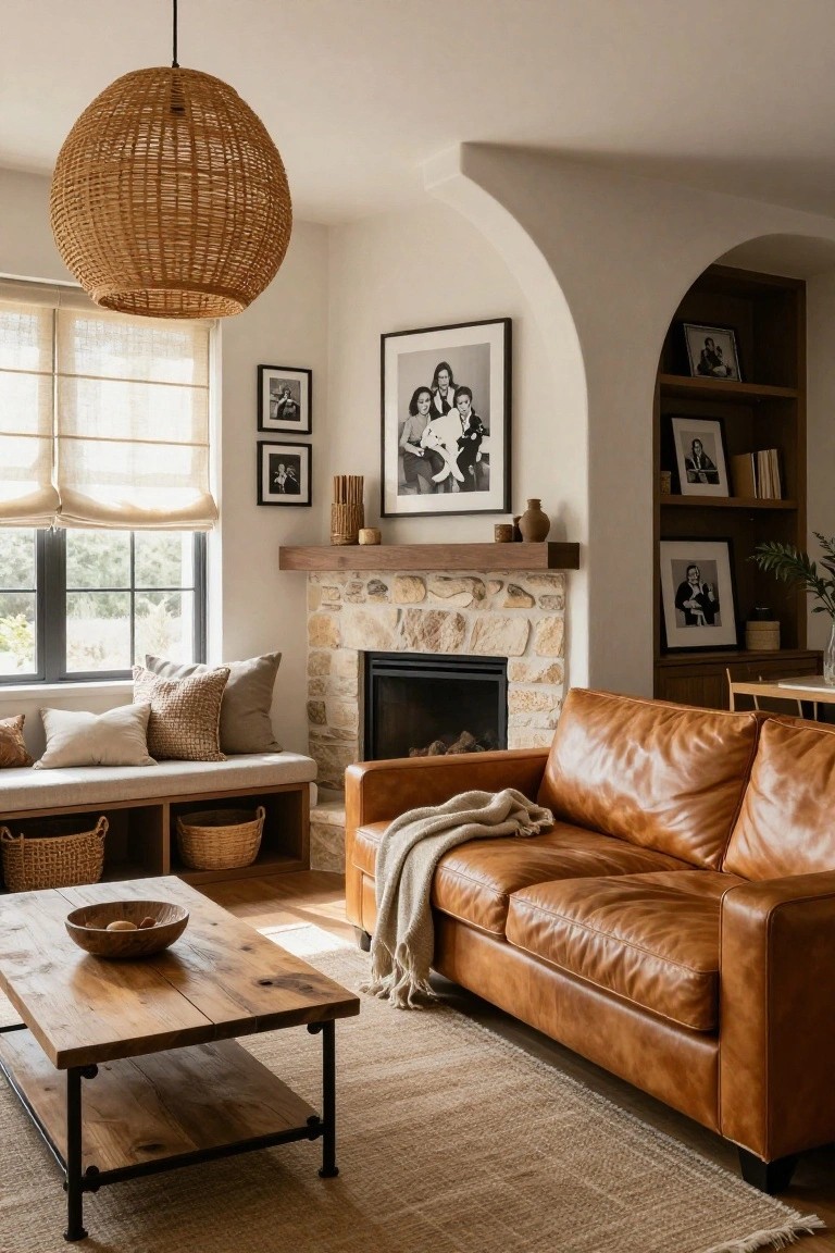 Sunlit living room with limestone fireplace, built-in beige bench under window with pillows and woven baskets, tan leather sofa with throw, rustic wood coffee table, rattan pendant light, arched bookshelves, and jute rug.