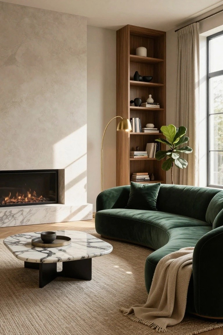 Modern living room with curved emerald green velvet sofa, white marble coffee table on black base, gas fireplace, tall wooden bookcase with ceramics and books, arched floor lamp, fiddle leaf fig plant, and sheer curtains on large window.