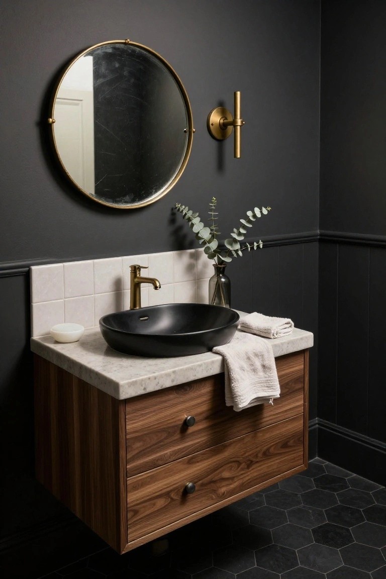 Small modern bathroom with dark gray walls and wainscoting, floating walnut wood vanity with white marble countertop and black vessel sink, brass faucet and wall sconce, round brass mirror, eucalyptus in glass vase, white subway tile backsplash, and black hexagon floor tiles.