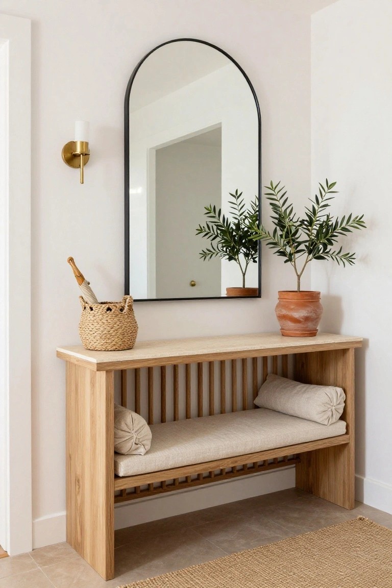 Light wood console table with built-in slatted bench and beige cushion in a white entryway, next to large arched black mirror, gold wall sconce, two potted olive trees, and seagrass umbrella basket on beige rug.