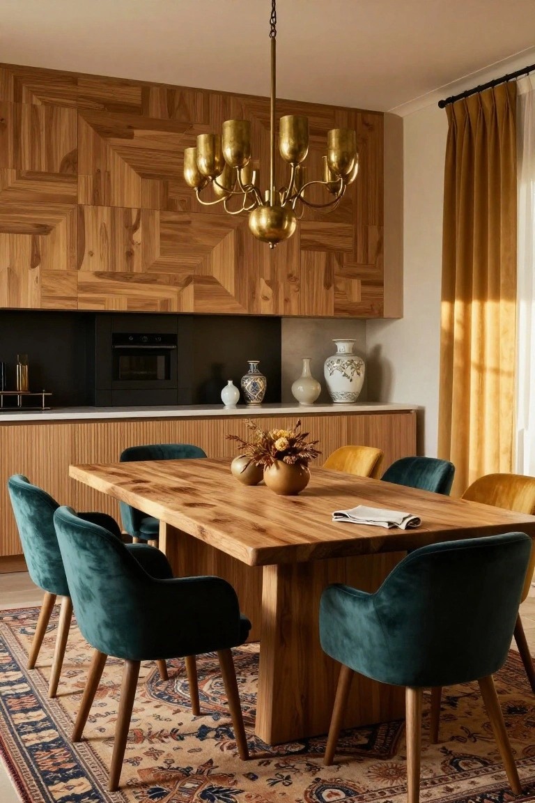 Dining area with geometric-patterned wood wall paneling, solid wood table surrounded by green and yellow velvet armchairs, brass chandelier overhead, oriental rug on floor, and adjacent kitchen with black oven and white vases.