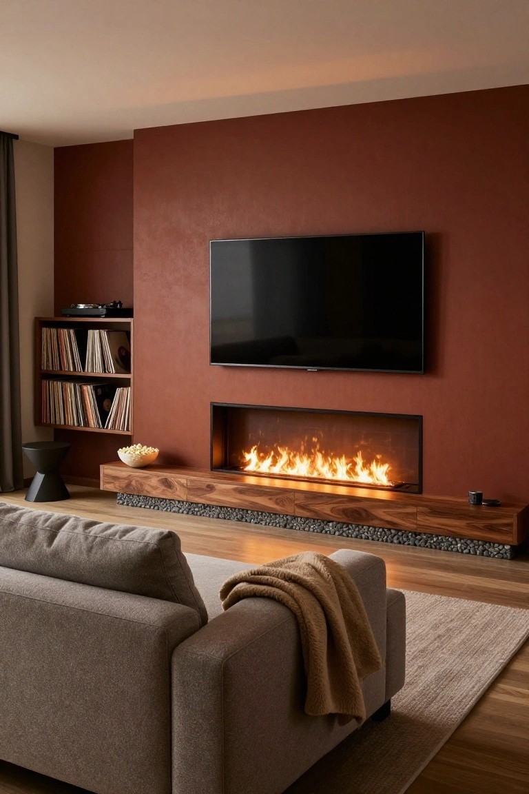 Modern living room with a horizontal linear gas fireplace in a wooden console below a wall-mounted TV on a textured red accent wall, gray sofa nearby, bookshelves, and popcorn bowl on console.
