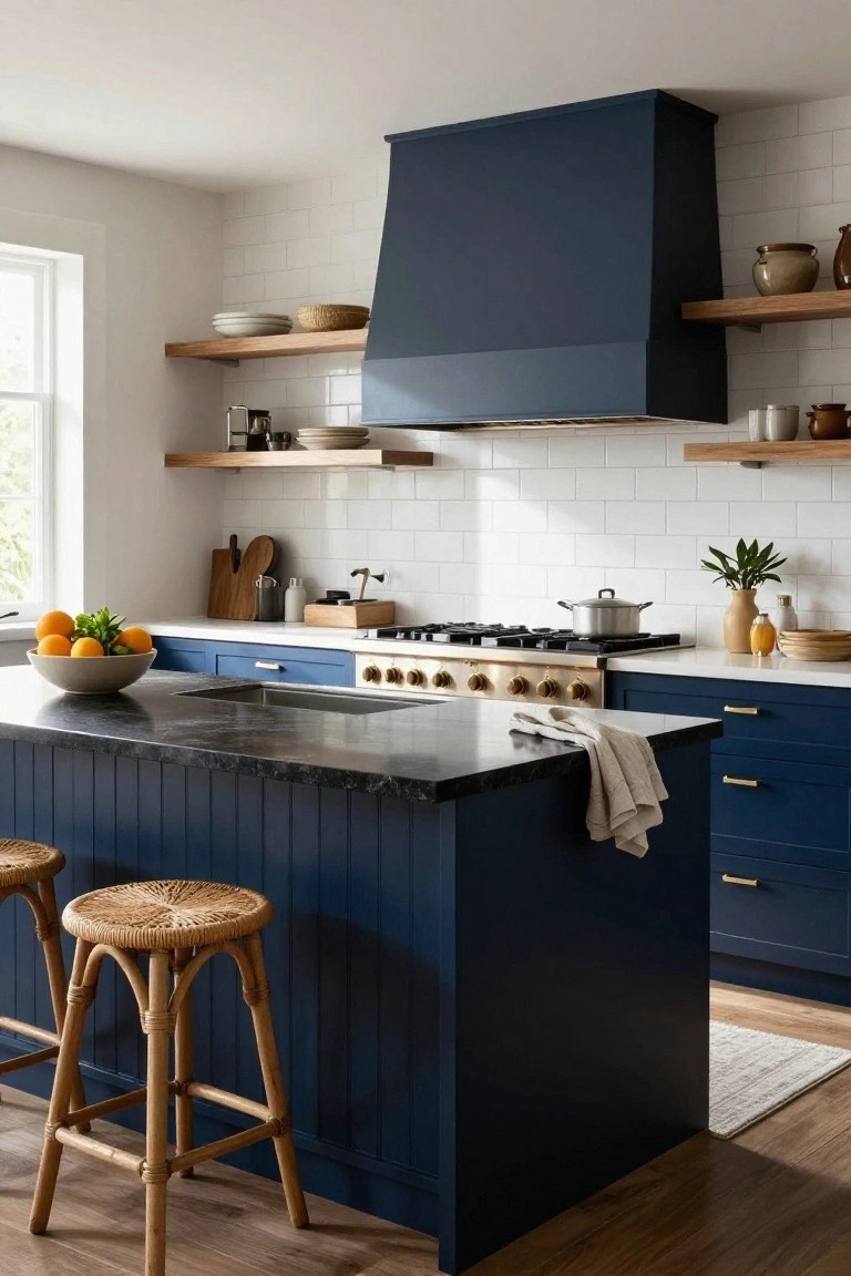 Kitchen with navy blue cabinets and island, black granite countertop, rattan bar stools, white subway tile backsplash, stainless steel range under blue hood, and wood floating shelves.