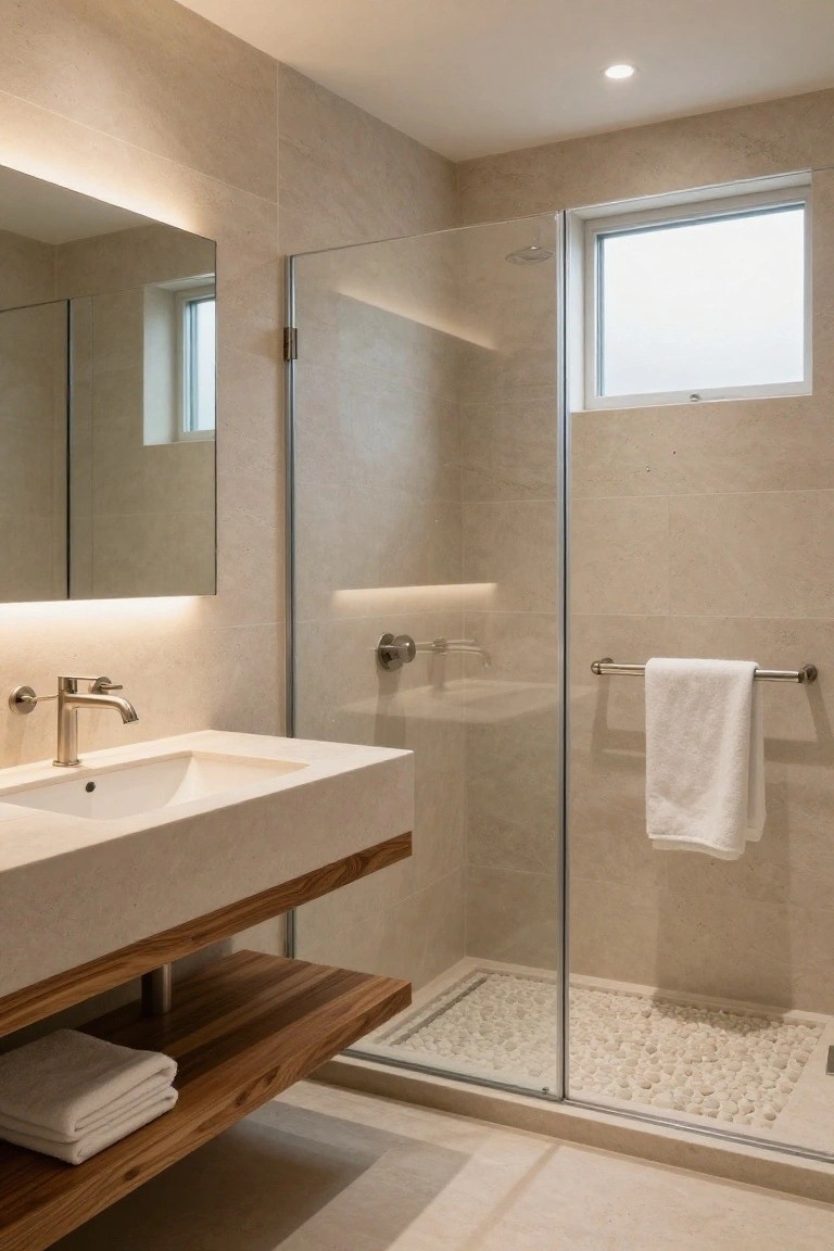 Modern bathroom with beige stone tiled walls, backlit mirror, floating white sink on wood shelf with stacked towels, and glass shower enclosure containing white pebble flooring.