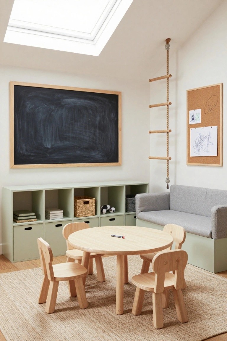 Children's playroom with mint green shelving units stocked with toys and books, a round wooden table and four matching chairs on a beige rug, a large framed blackboard, a corkboard with drawings, a gray built-in bench, and a rope ladder with wooden rungs leading upward under a skylight in a white-walled room with sloped ceiling.