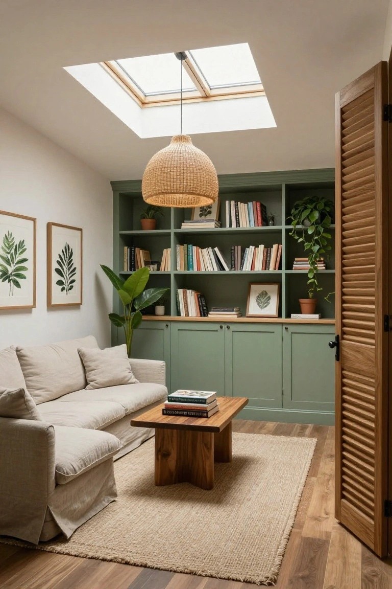 Interior room with sage green built-in bookshelves filled with books and plants, cream linen sofa, wooden coffee table on seagrass rug, rattan pendant light hanging from skylight, and open louvered doors.