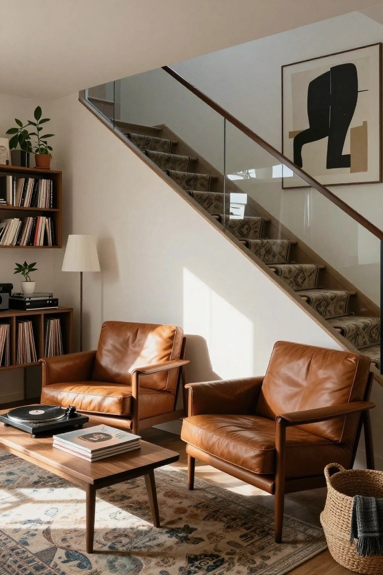 Living room interior with two tan leather armchairs around a low wooden coffee table holding a record player and books, flanked by record-filled bookshelves, plants, a floor lamp, and a glass-railed staircase with carpet runner.