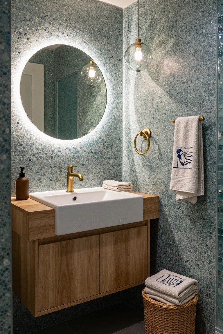 Modern bathroom with iridescent teal terrazzo tiled walls, wooden vanity cabinet under white farmhouse sink and gold faucet, round backlit mirror, glass pendant light, gold towel rings, and stacked towels on the floor.