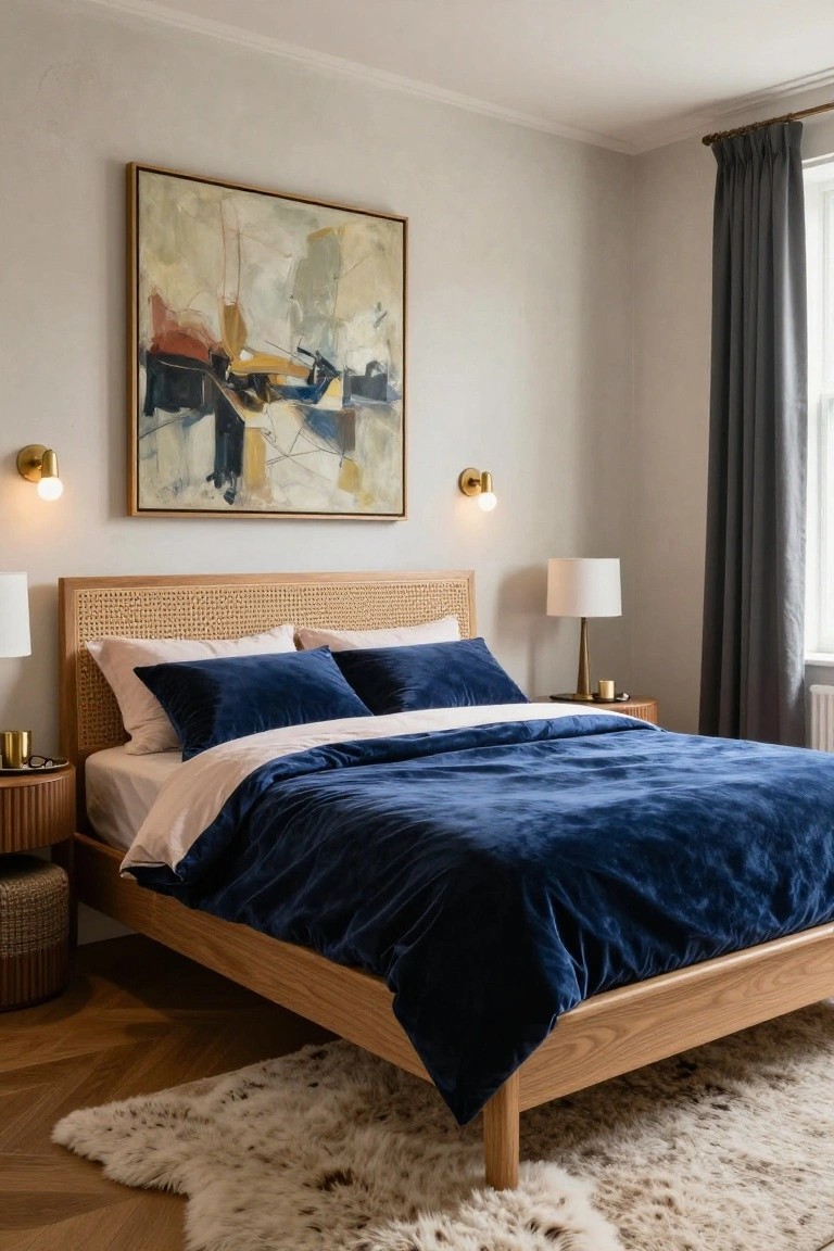 Bedroom interior with low oak bed frame, rattan headboard, navy velvet duvet and pillows, two cane nightstands with lamps, abstract painting on wall, gray curtains at window, and sheepskin rug on herringbone wood floor.