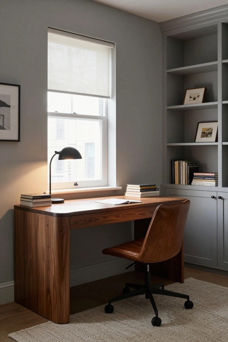 A home office with light gray built-in shelving stocked with books and picture frames, a curved-edge wooden desk holding stacked books and papers, a lit black desk lamp, brown leather office chair, and a window covered by a sheer roller blind.
